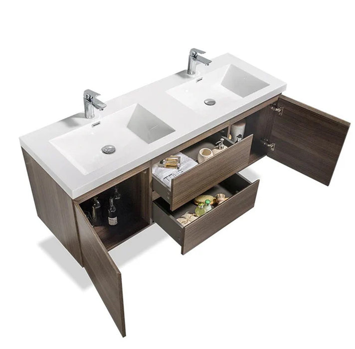 ANGELA Grey Oak/White Floating Wall-Mounted Vanity (Single or Double Sink)