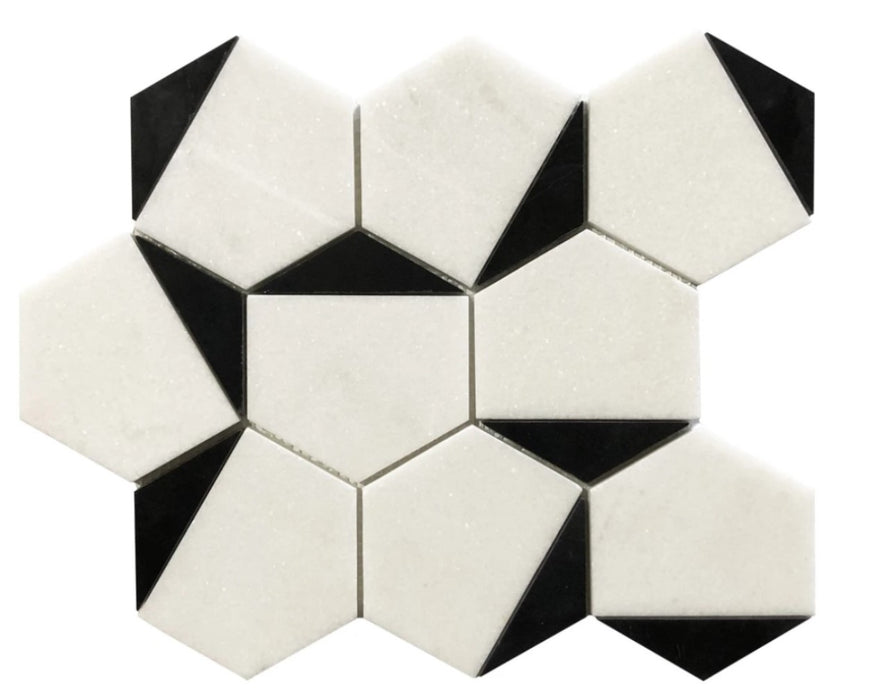 Arya Marble Hexagon Magnolia Black Thasso White Ott Mosaic