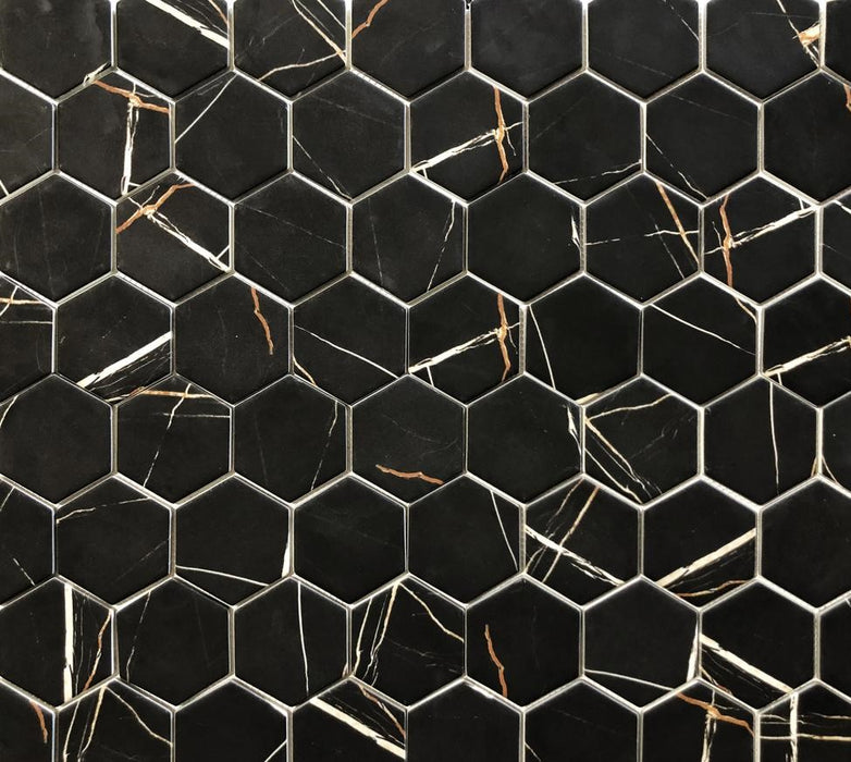 VR14 Verona Nero Marquina Recycled Glass 12 x 12 Hexagon Mosaics (3x3 chips)