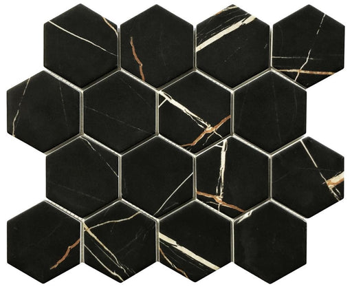 VR14 Verona Nero Marquina Recycled Glass 12 x 12 Hexagon Mosaics (3x3 chips)