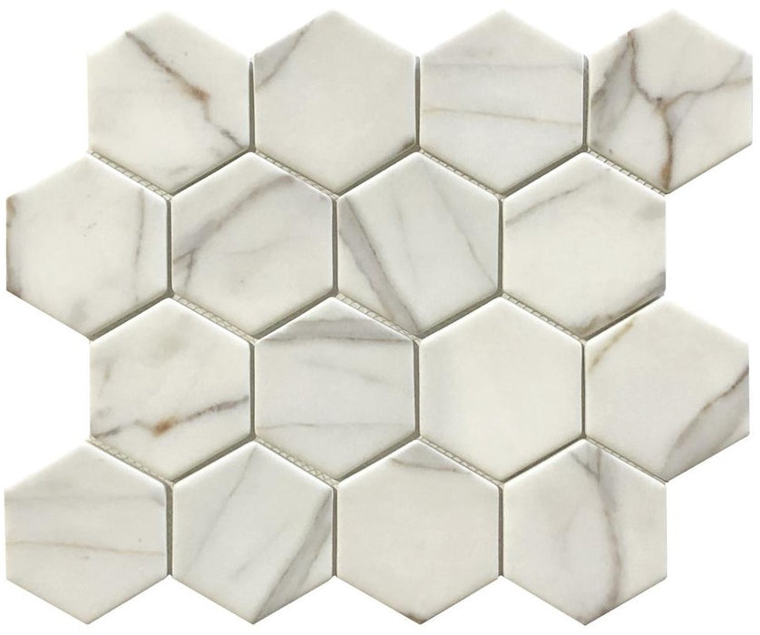 VR54 Verona GOLD Calacatta ORO Recycled Glass 12 x 12 Hexagon Mosaics (3x3 chips)