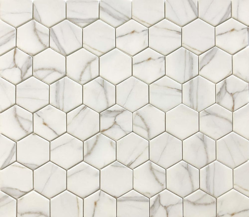 VR54 Verona GOLD Calacatta ORO Recycled Glass 12 x 12 Hexagon Mosaics (3x3 chips)